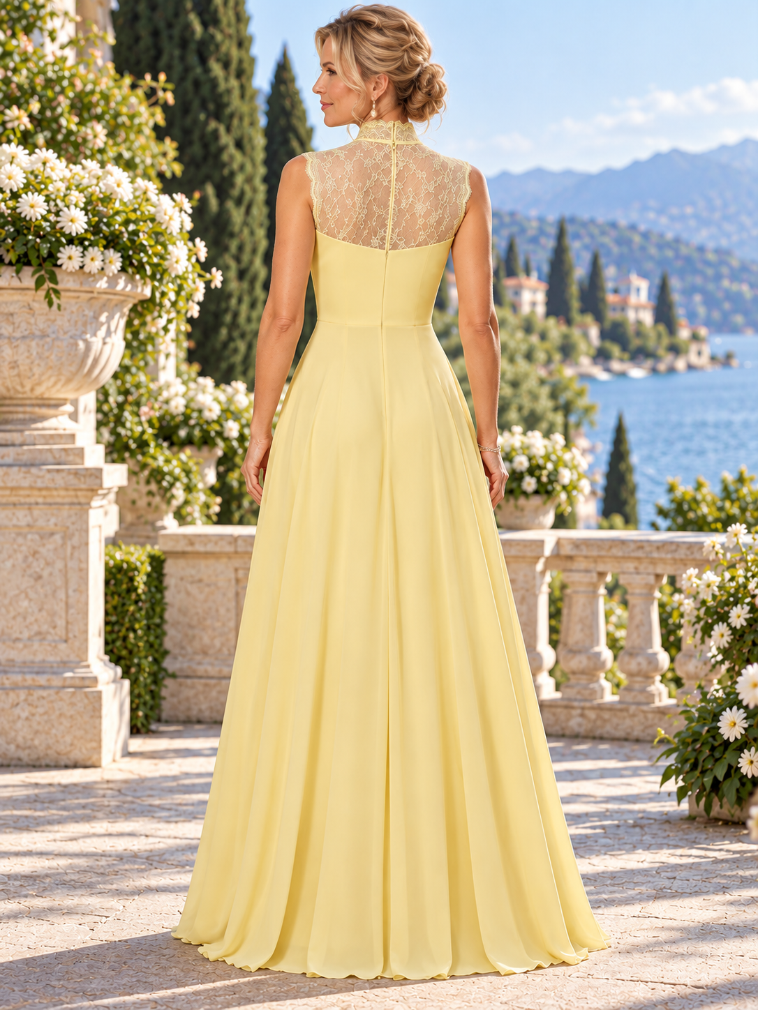 Light Yellow Sheer High-Neck Floral Embroidered Asymmetrical A-Line Maxi Mother of the Bride & Groom Dresses 