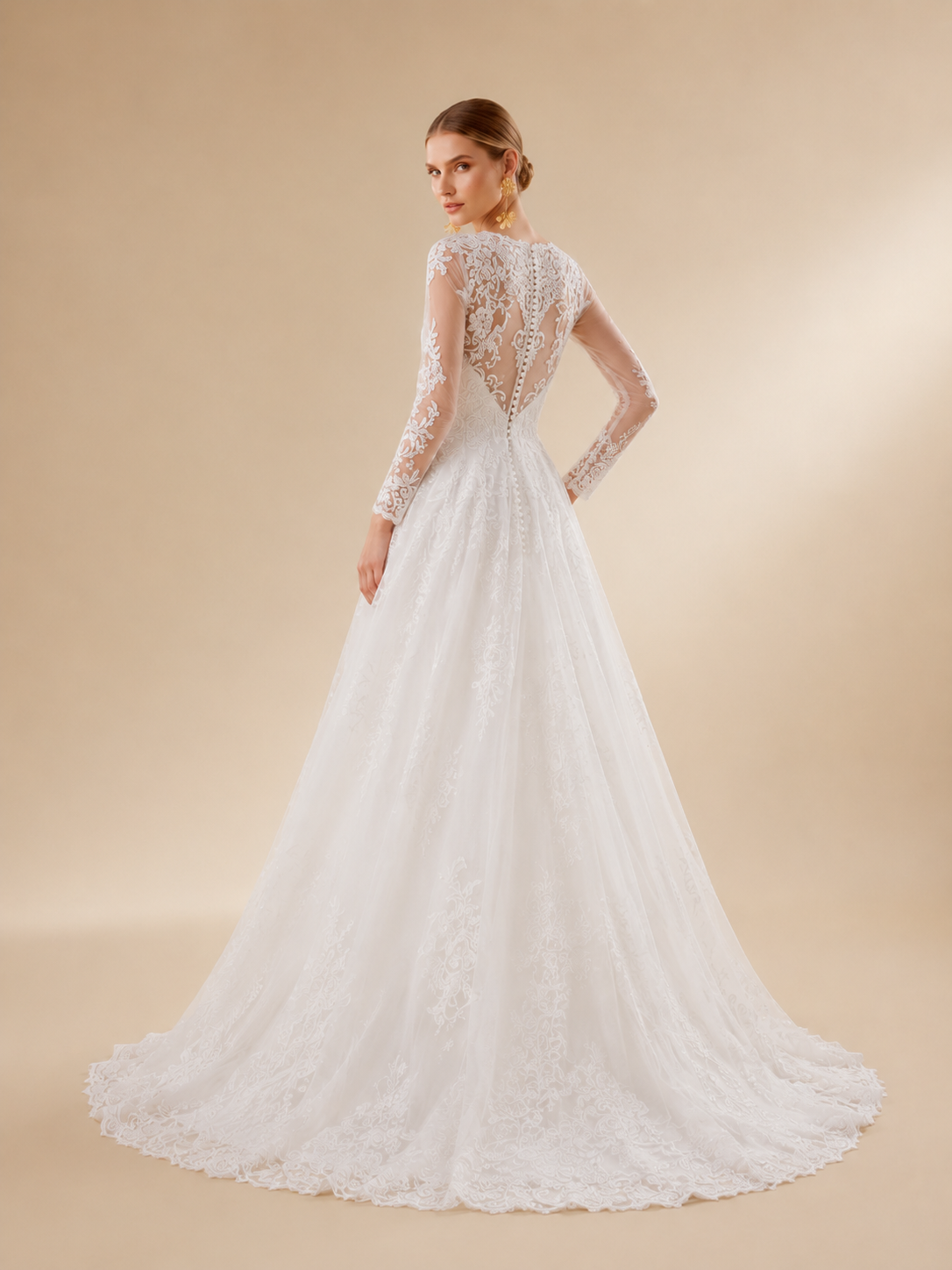 White Long-Sleeve V-Neck Lace Appliqué A-Line Wedding Dress 