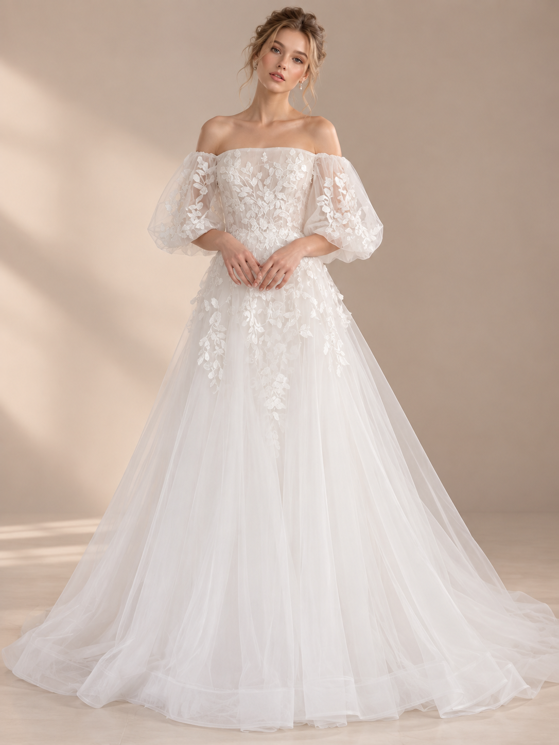 Ethereal Off-the-Shoulder 3D Floral Appliqué A-Line Wedding Dress 