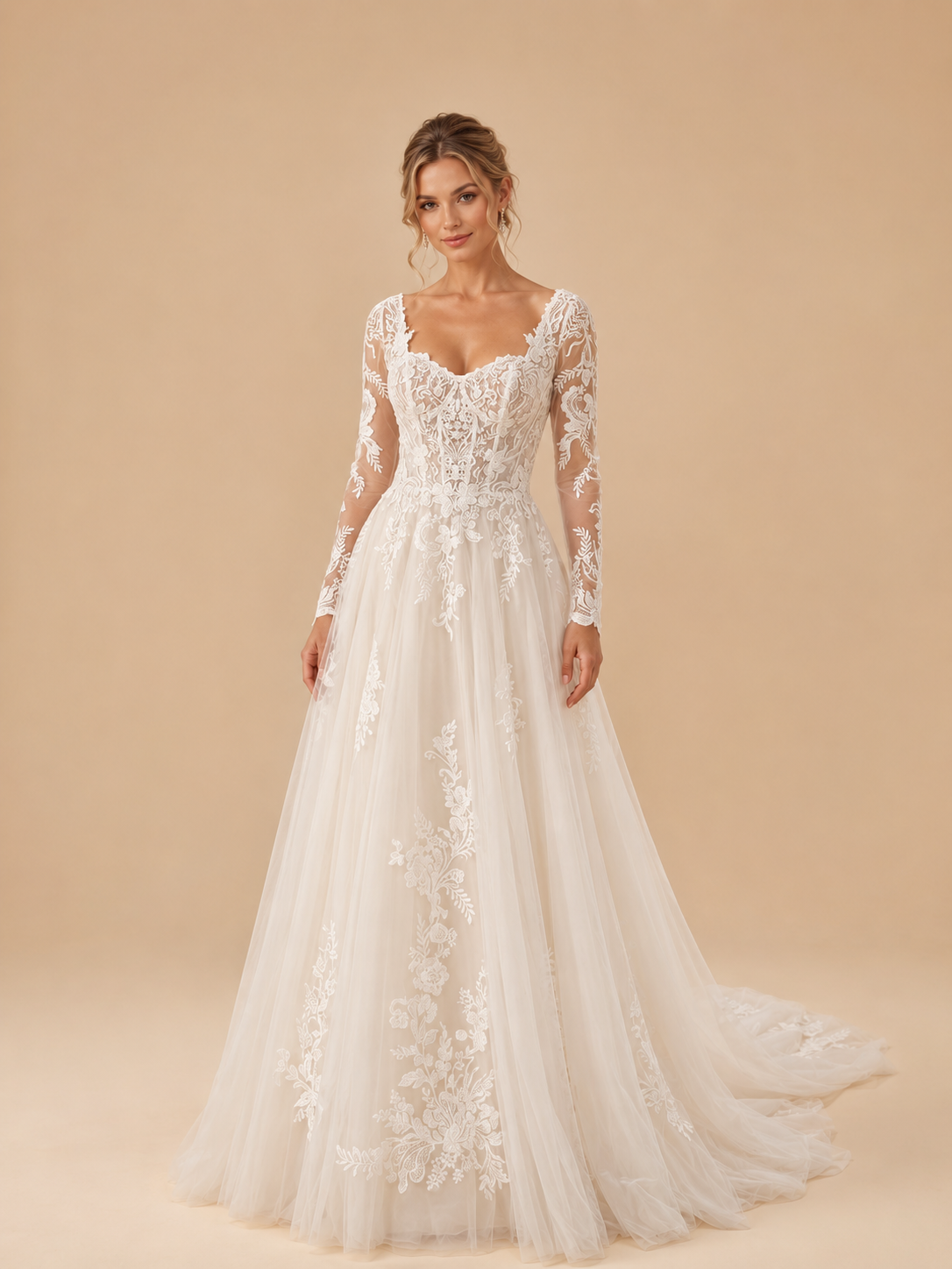 White Long-Sleeve Scoop-Neck Lace Appliqué A-Line Wedding Dress 
