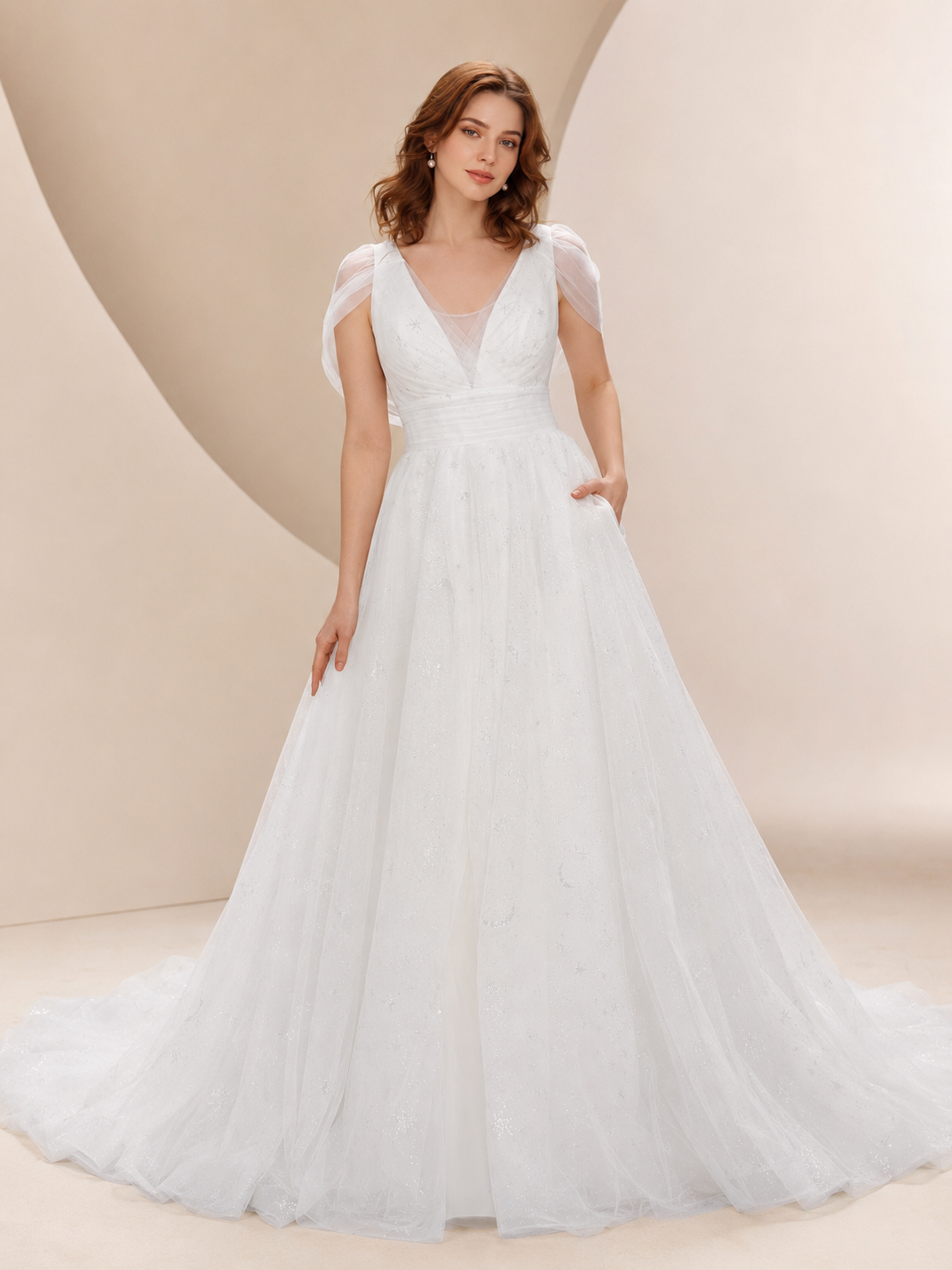 White V-Neck Celestial Glitter Tulle A-Line Wedding Dress 