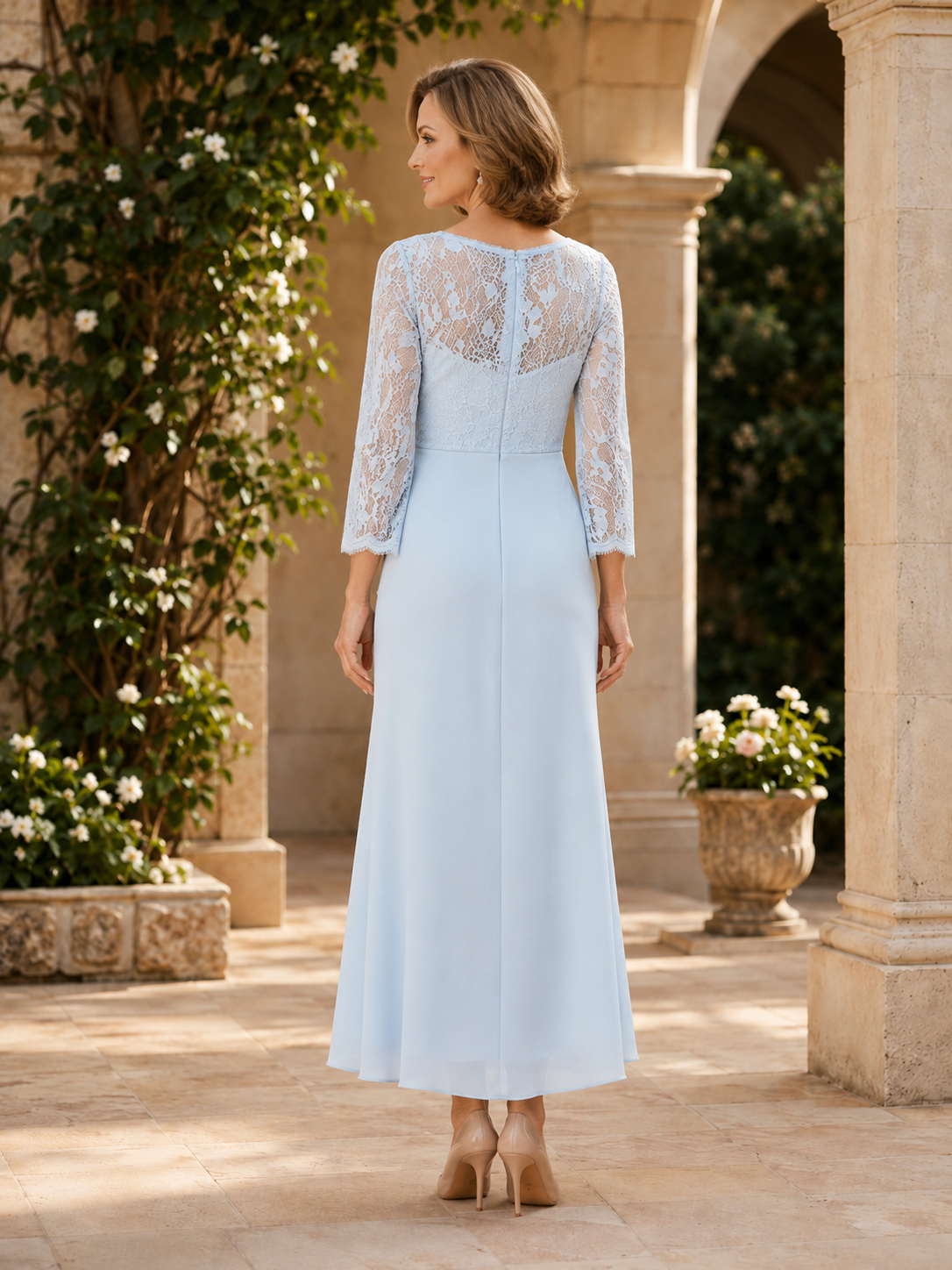 Light Blue Lace Crepe Mermaid V-Neck Floral Maxi Mother of the Bride & Groom Dresses