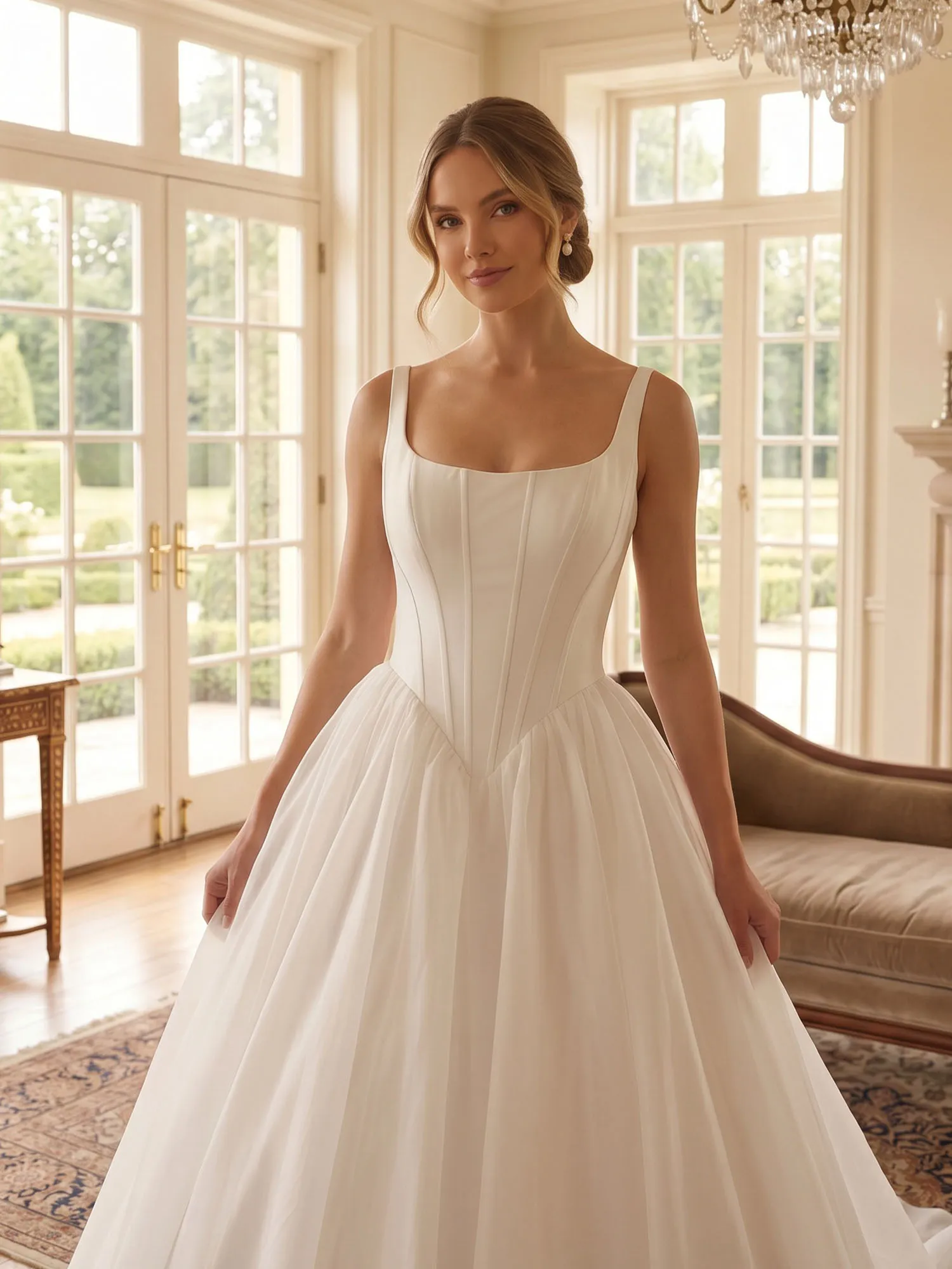 White Square Neck Corset A-Line Wedding Dress