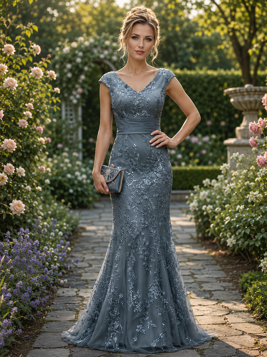 Blue Sequin Floral Mermaid V-Neck Floor-Length Mother of the Bride & Groom Dresses 