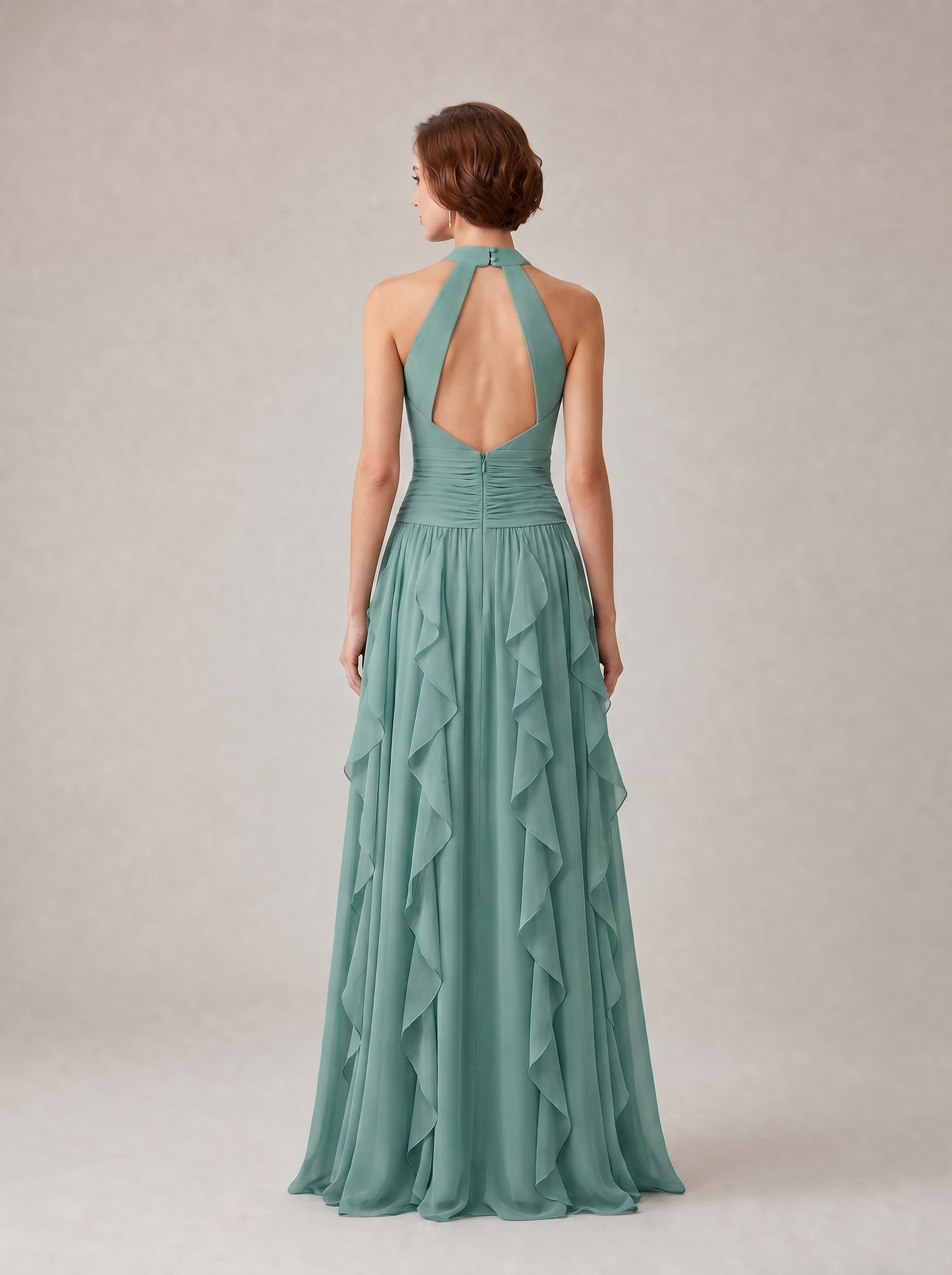  Ethereal Dusty Sage Tiered Chiffon Halter Formal Evening Dress