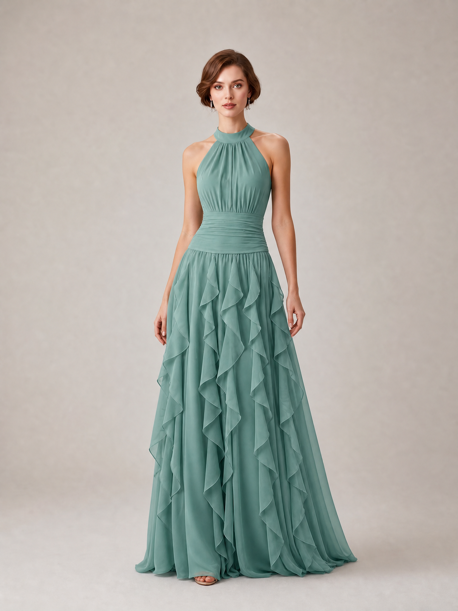  Ethereal Dusty Sage Tiered Chiffon Halter Formal Evening Dress