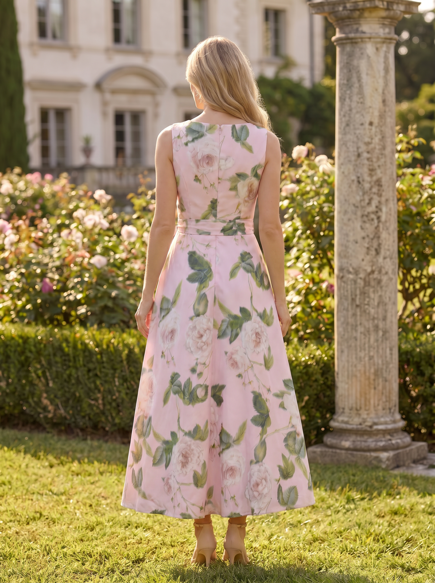 Romantic Pink Garden Tea-Length A-line Formal Evening Dress 