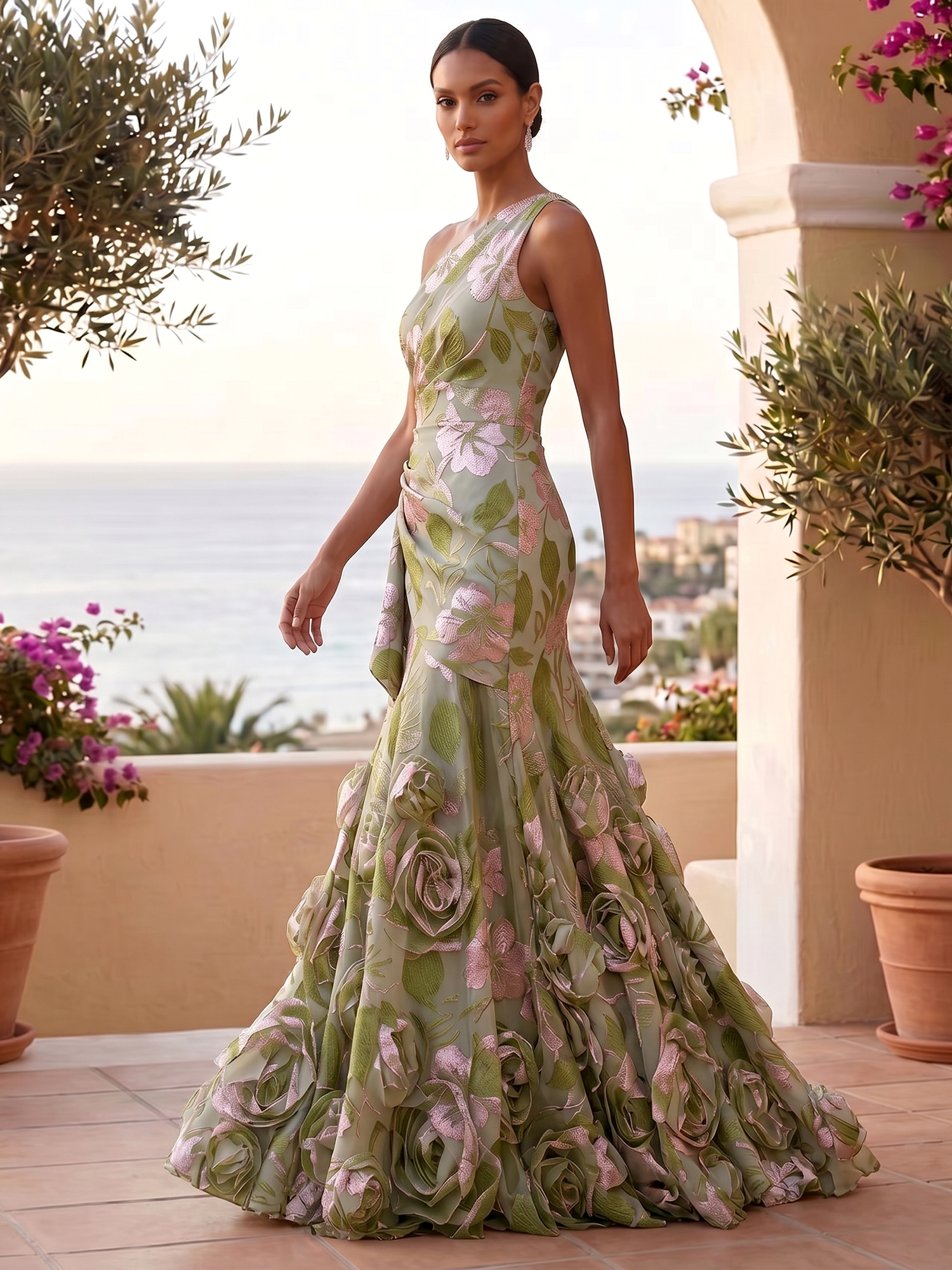 Botanical Dream Sage Green Floral One-Shoulder Formal Evening Dress 