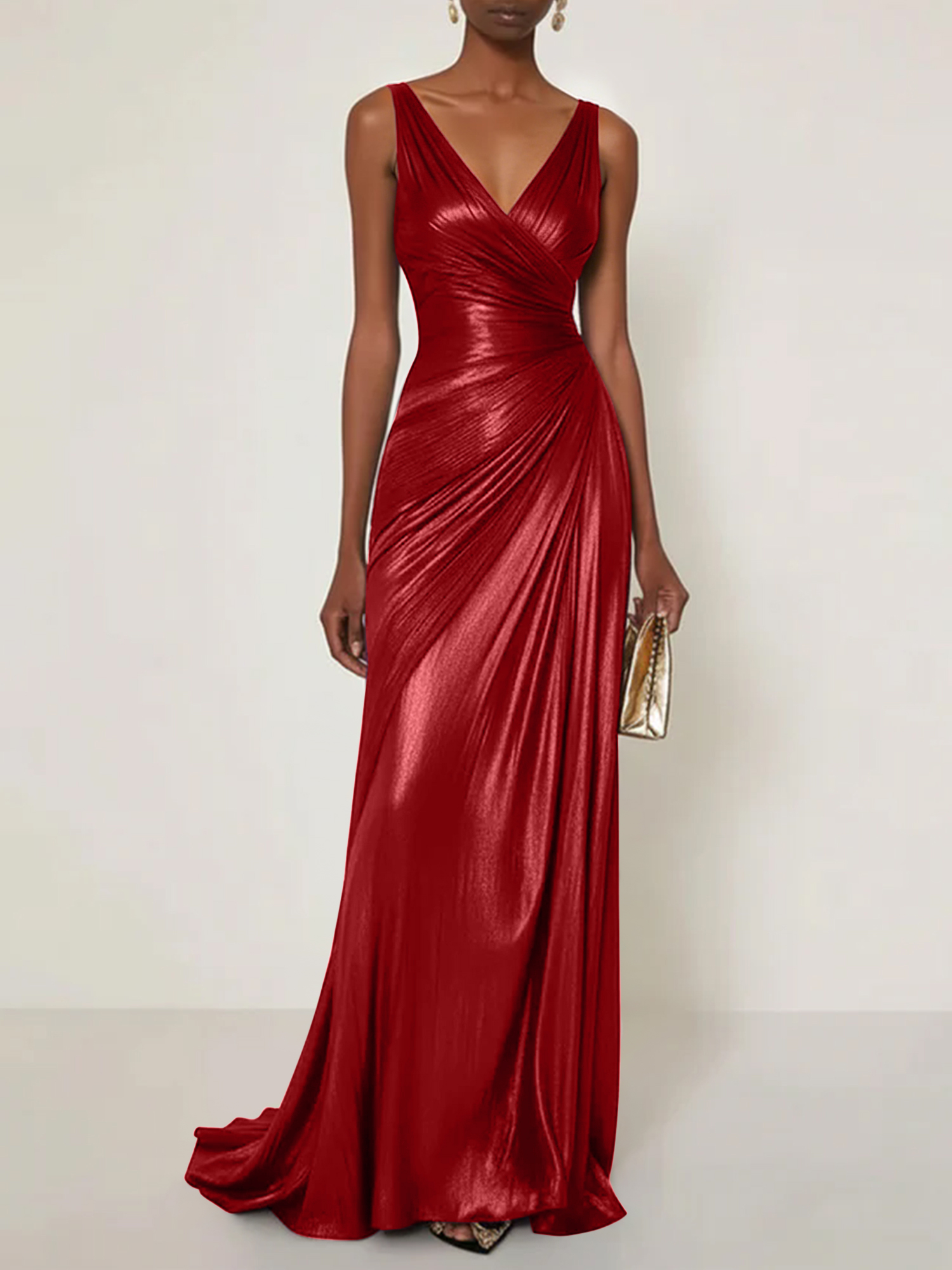Evening Formal Dress V Neck Silk Ruffles Maxi Dress Gown