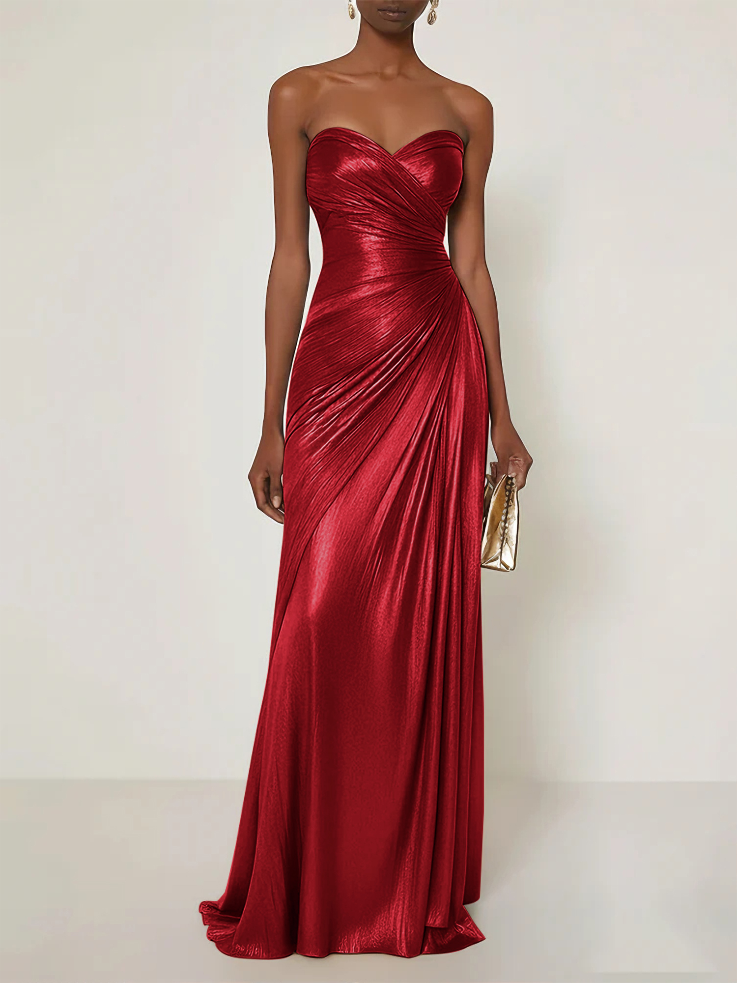 Evening Formal Dress V Neck Silk Ruffles Strapless Maxi Dress