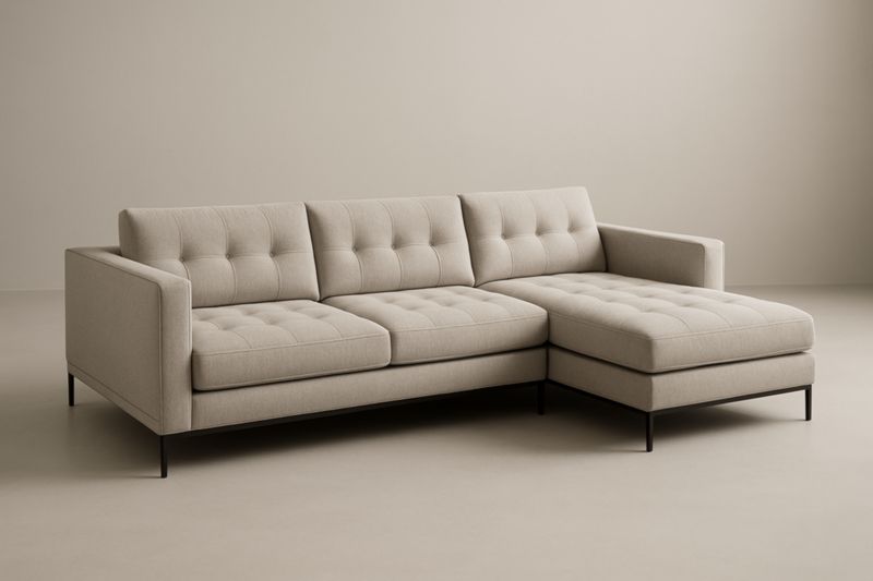 Canapé d'angle en tissu polyester beige avec pieds en métal noir 300x200x90 cm