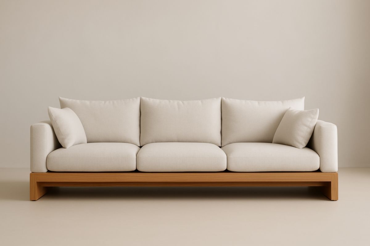 Canapé trois places en lin beige avec structure bois