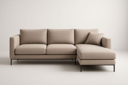 Canapé d'angle en tissu beige avec coussins