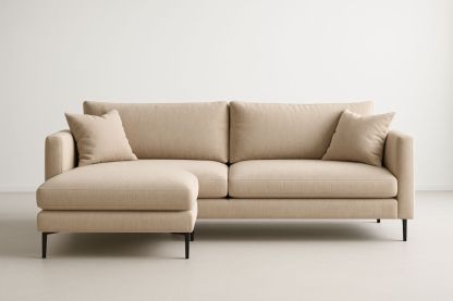 Canapé d'angle en tissu polyester beige avec pieds en métal