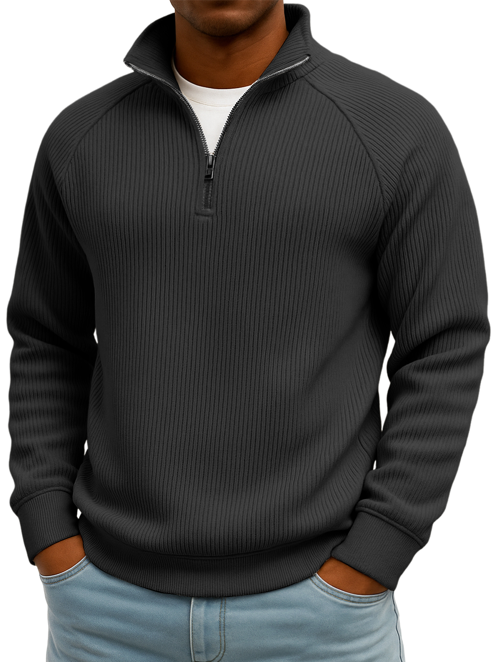 Men's Simple Casual Ribbed Stand-up Collar Quarter Zip Raglan Sleeve Sweatshirt