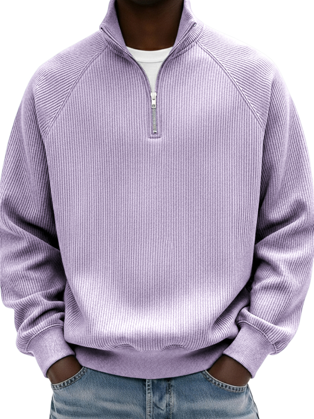 Men's Simple Ribbed Raglan Sleeve Quarter-zip Polo Shirt