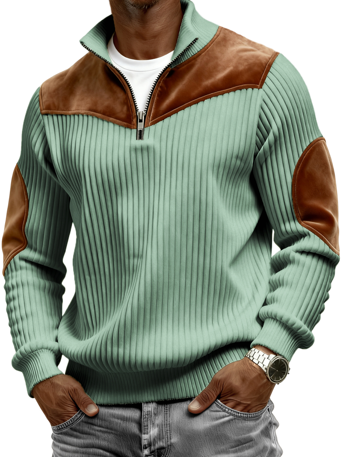 Men's Vintage Wide-ribbed Quarter-zip Suede Stitching Pullover