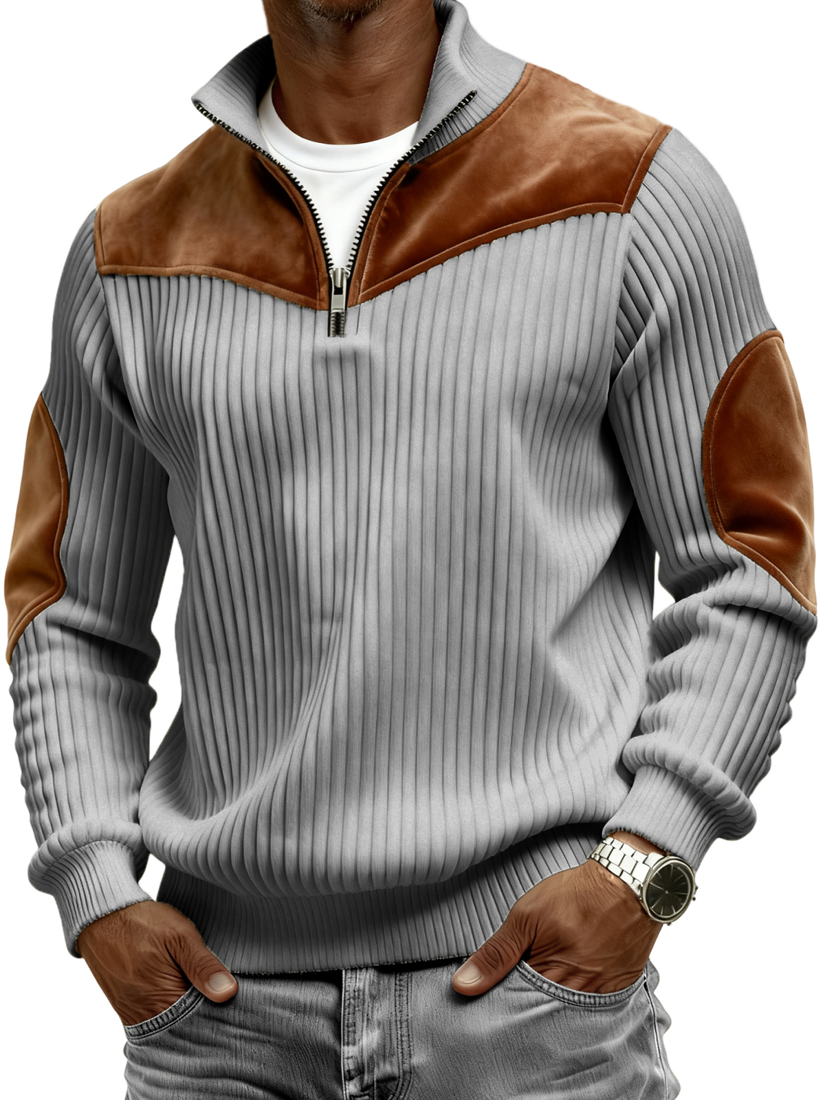 Men's Vintage Wide-ribbed Quarter-zip Suede Stitching Pullover