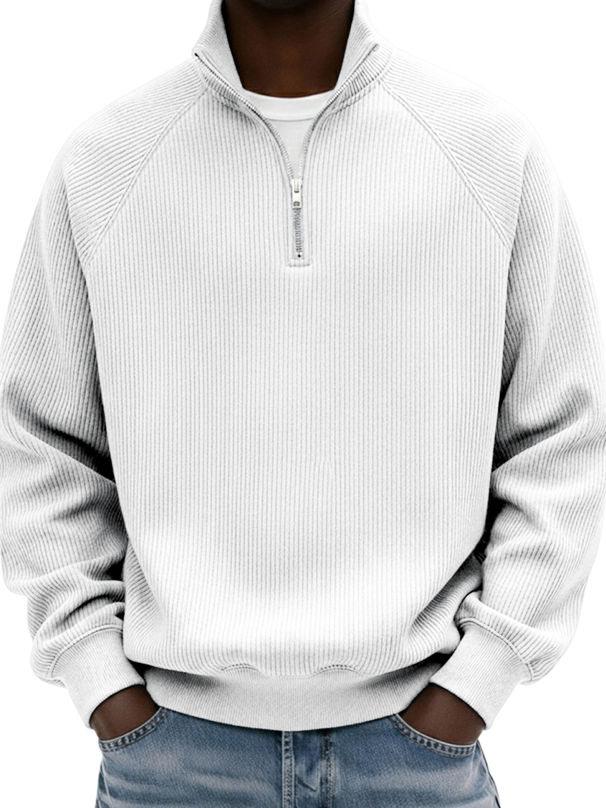 Men's Simple Ribbed Raglan Sleeve Quarter-zip Polo Shirt