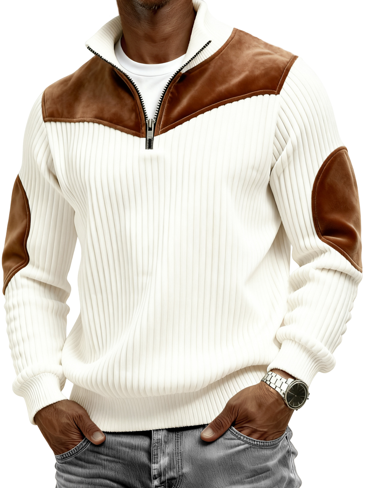 Men's Vintage Wide-ribbed Quarter-zip Suede Stitching Pullover