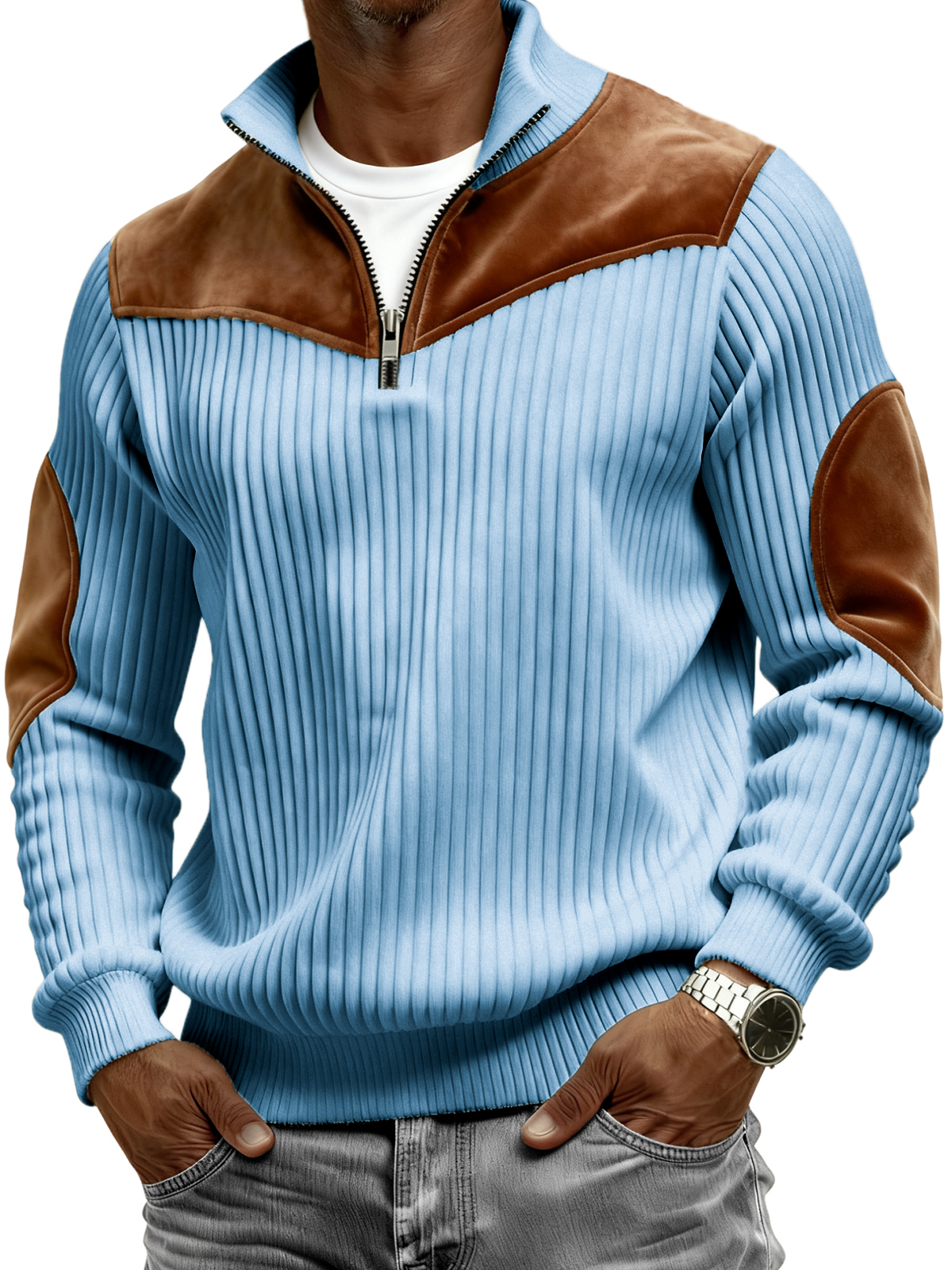 Men's Vintage Wide-ribbed Quarter-zip Suede Stitching Pullover