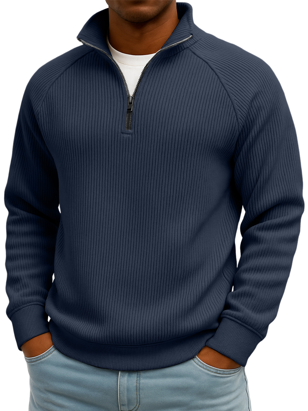 Men's Simple Casual Ribbed Stand-up Collar Quarter Zip Raglan Sleeve Sweatshirt