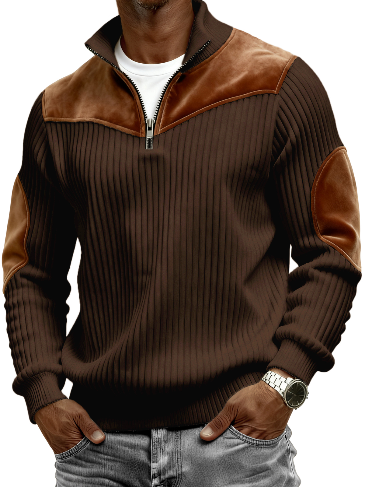 Men's Vintage Wide-ribbed Quarter-zip Suede Stitching Pullover
