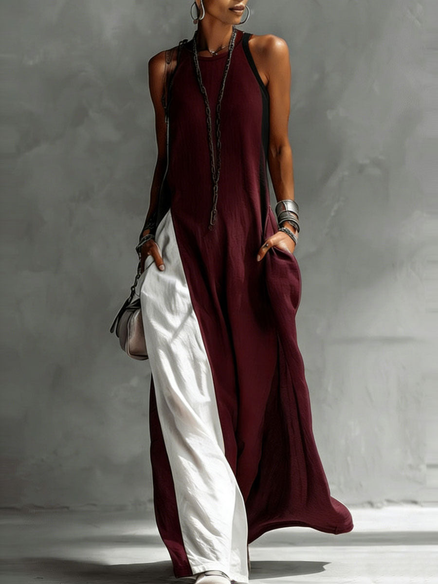 Women's Sleeveless Round Neck Loose Pocket Color-blocked Casual Off-shoulder Dress