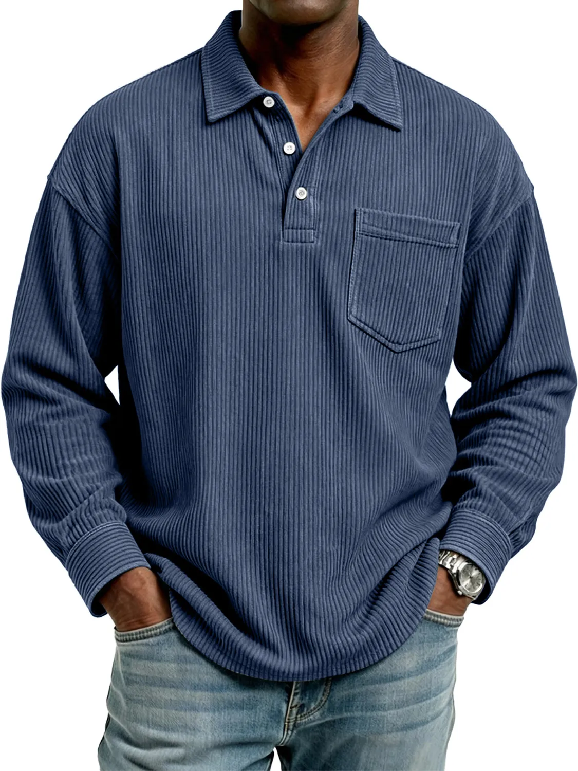 Men's Retro Corduroy Lapel Button Casual Pocket Long-Sleeve Polo Shirt