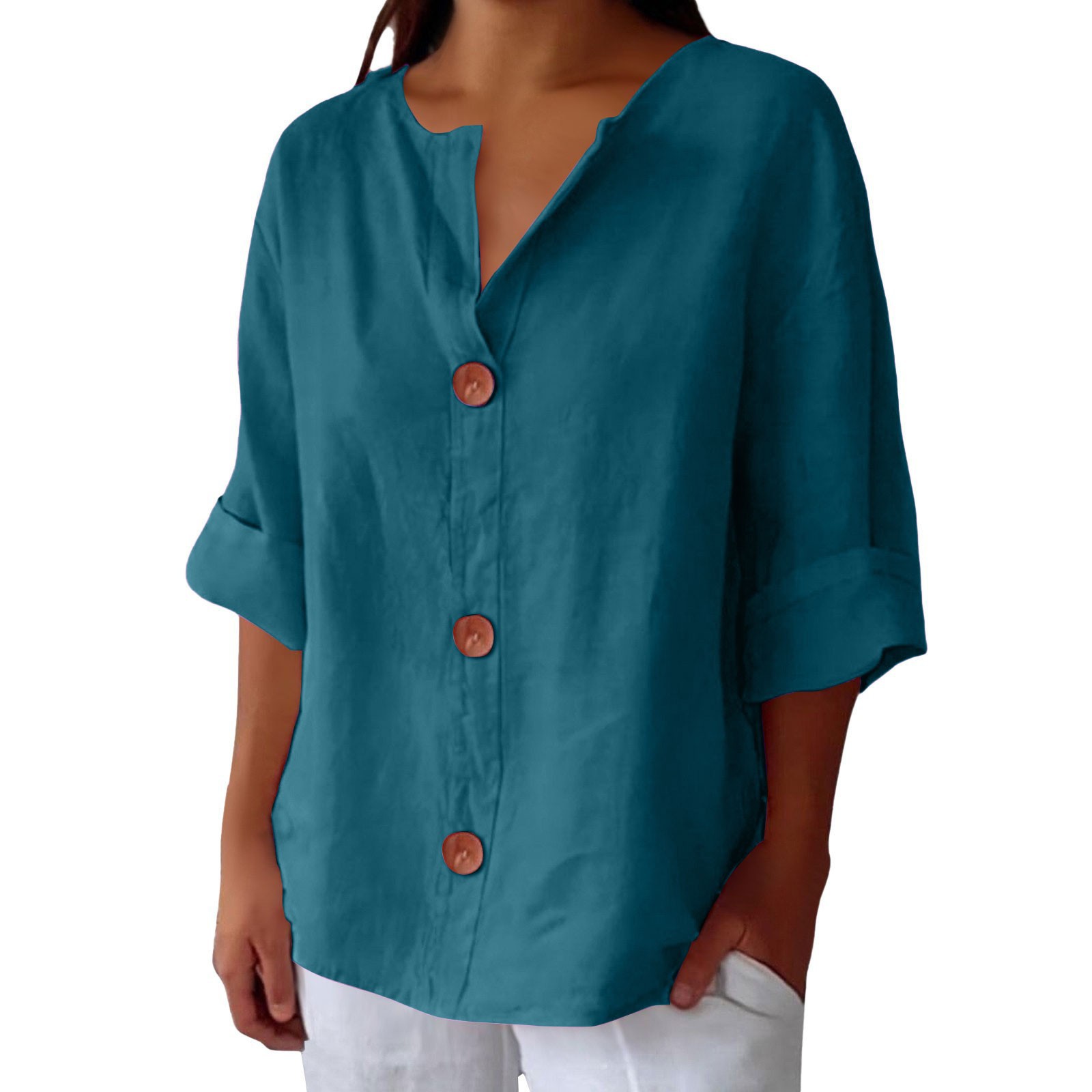 Women's V-Neck Cotton-Linen Button-Up Top