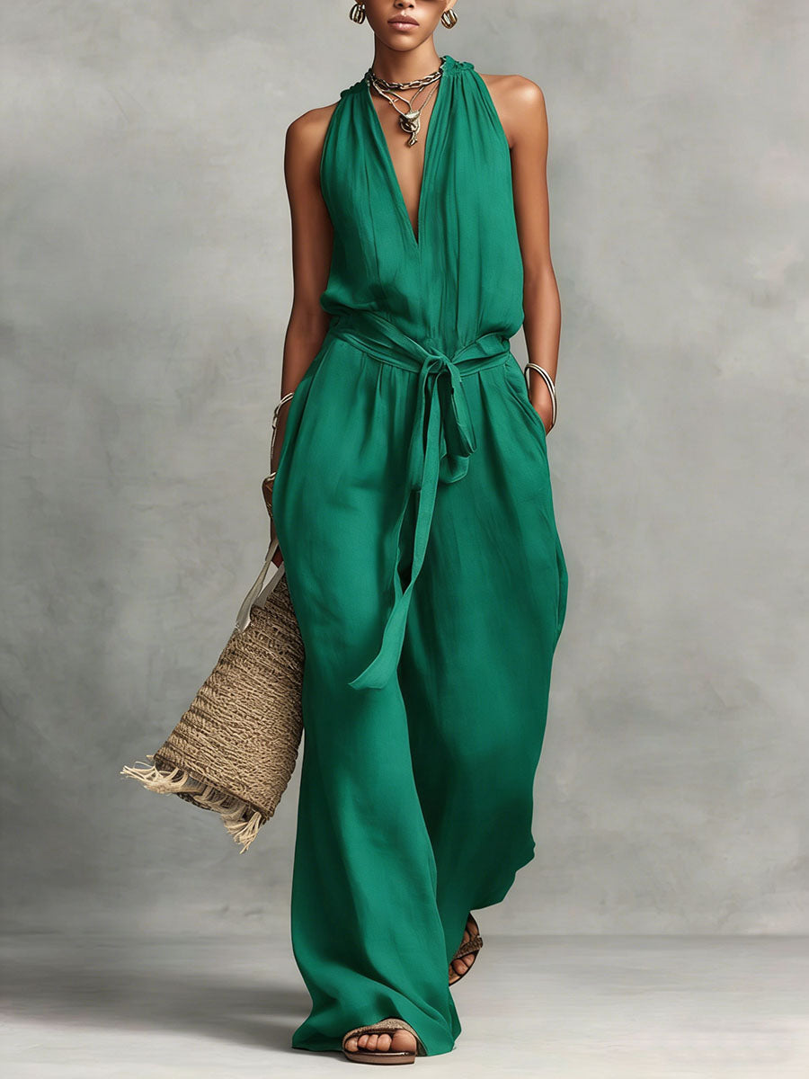 Women's Solid Color V-neck Sleeveless Casual Loose Wide-leg Jumpsuit
