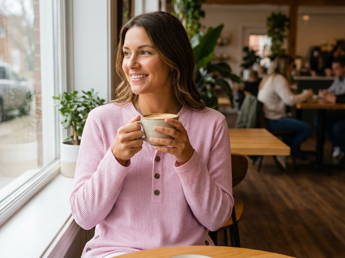 Woman wearing sweater in coffee shop