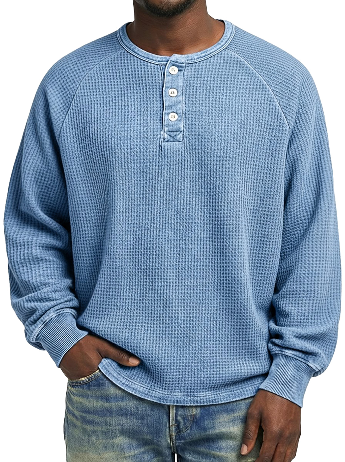 Men's Casual Raglan Sleeve Waffle Knit Comfortable Long-sleeved Henley Shirt