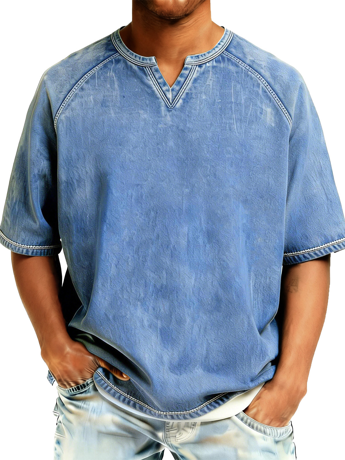 Men's Retro Distressed Raglan V-Neck Short-Sleeve T-Shirt