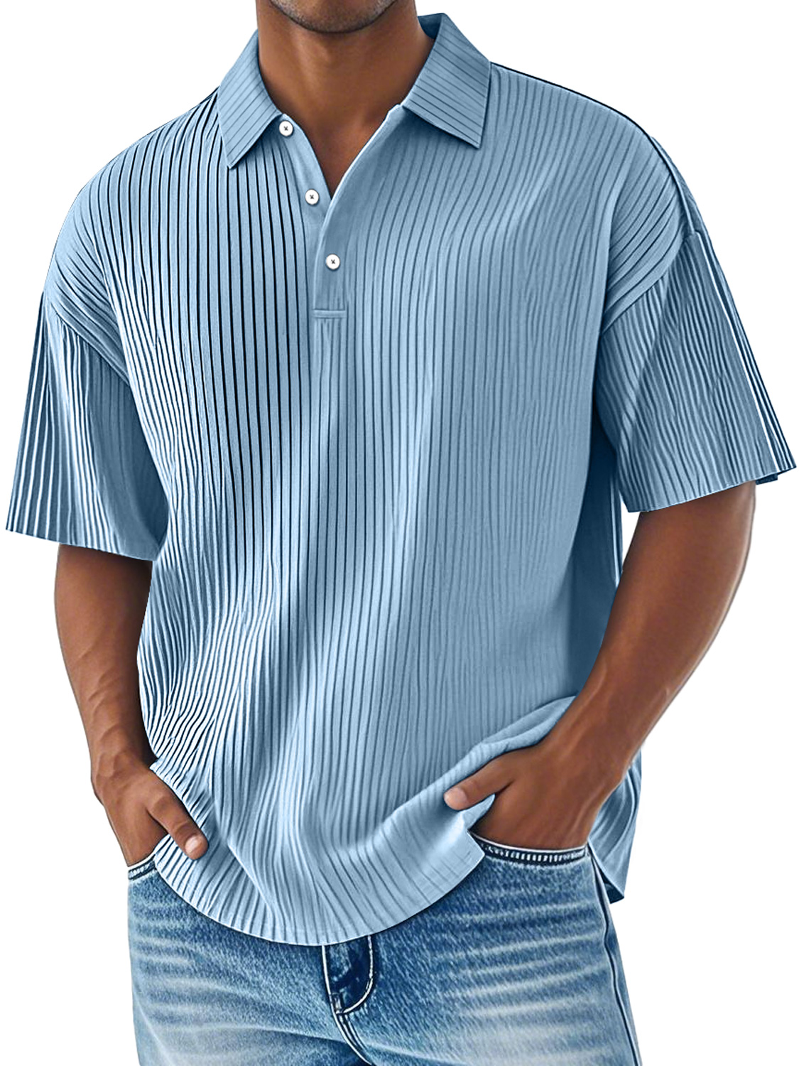 Men's Daily Ribbed Lapel Button Casual Comfortable Short-sleeved Polo Shirt