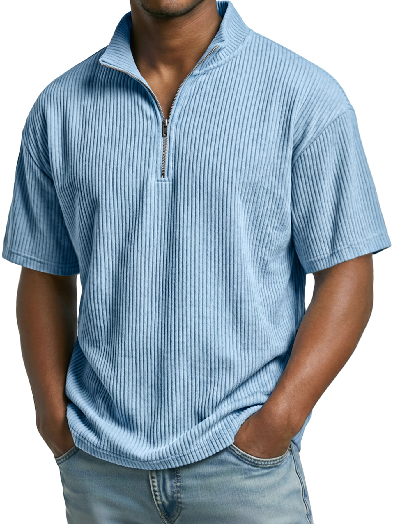 Men's Everyday Ribbed Stand-collar Zip-up Casual Short-sleeved T-shirt