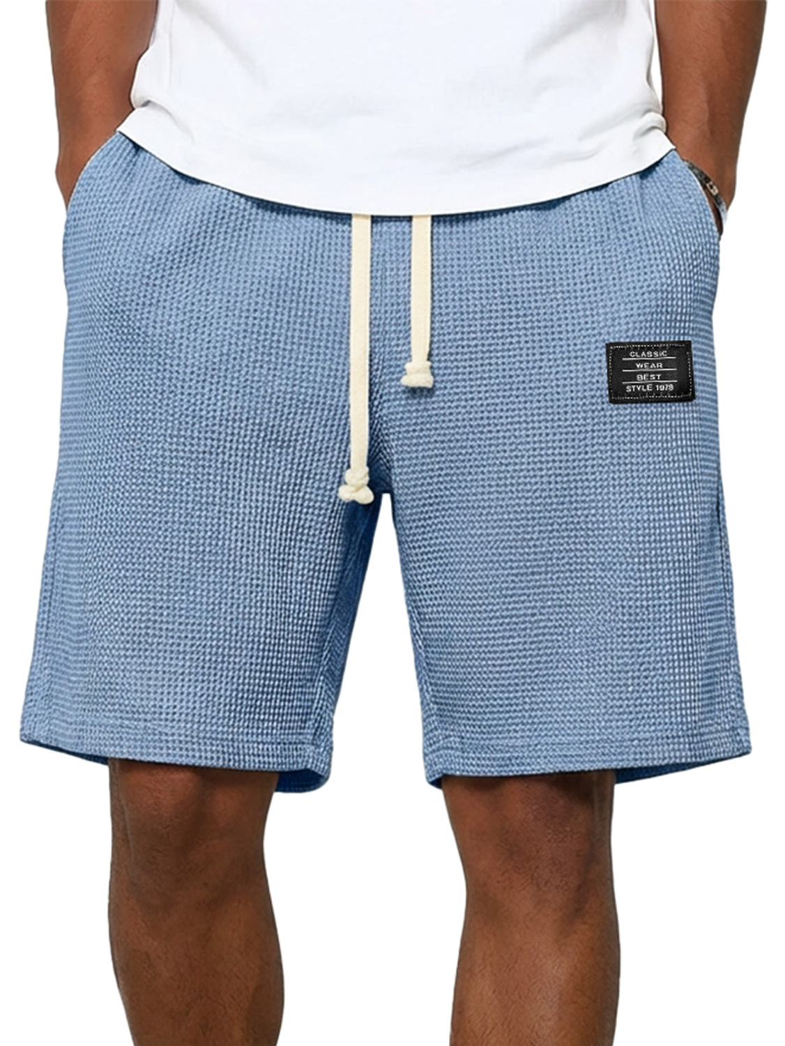 Men's Simple Waffle Embroidered Logo Casual Solid Color Shorts