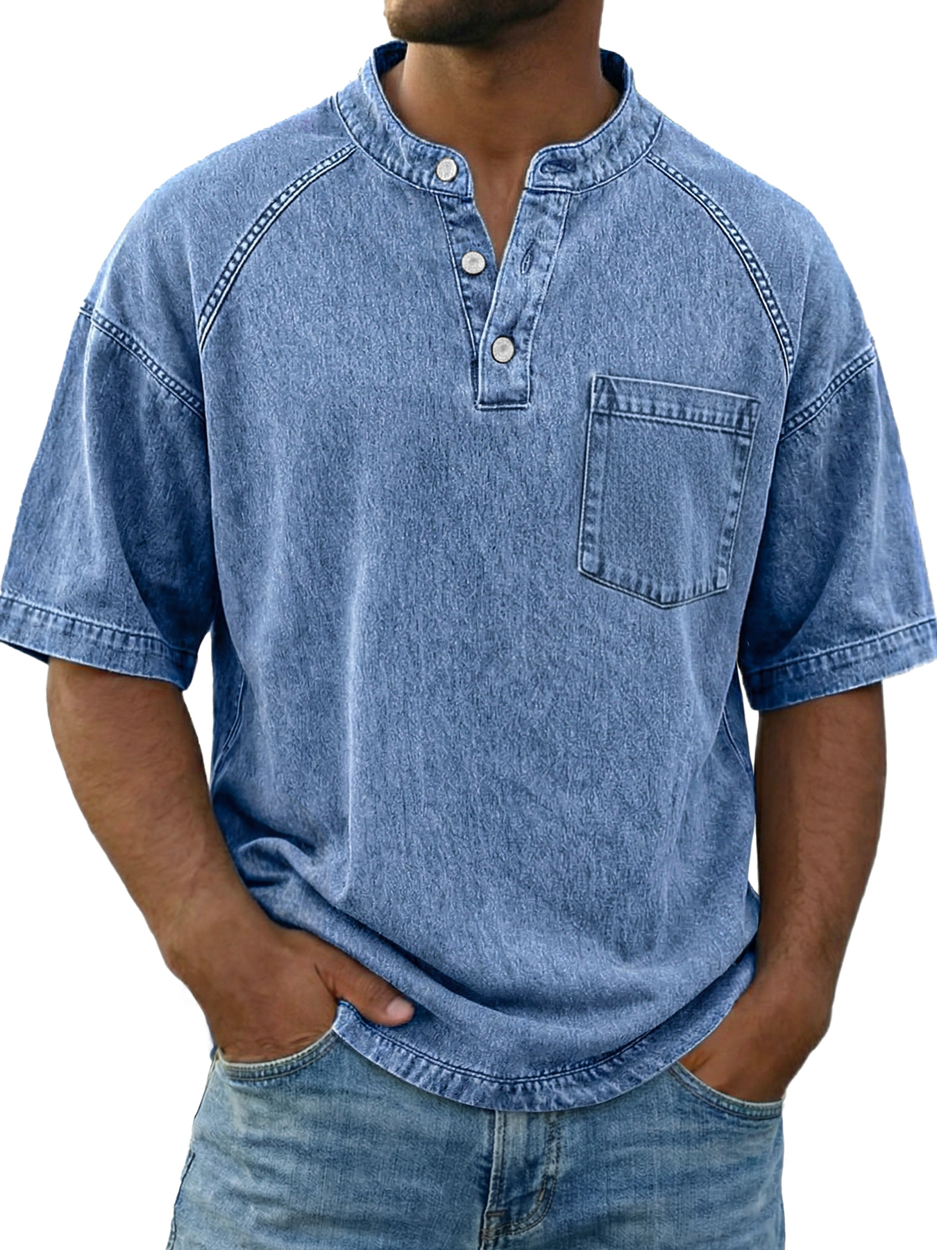 Men's Vintage Raglan Sleeve Pocket Casual Henley Shirt