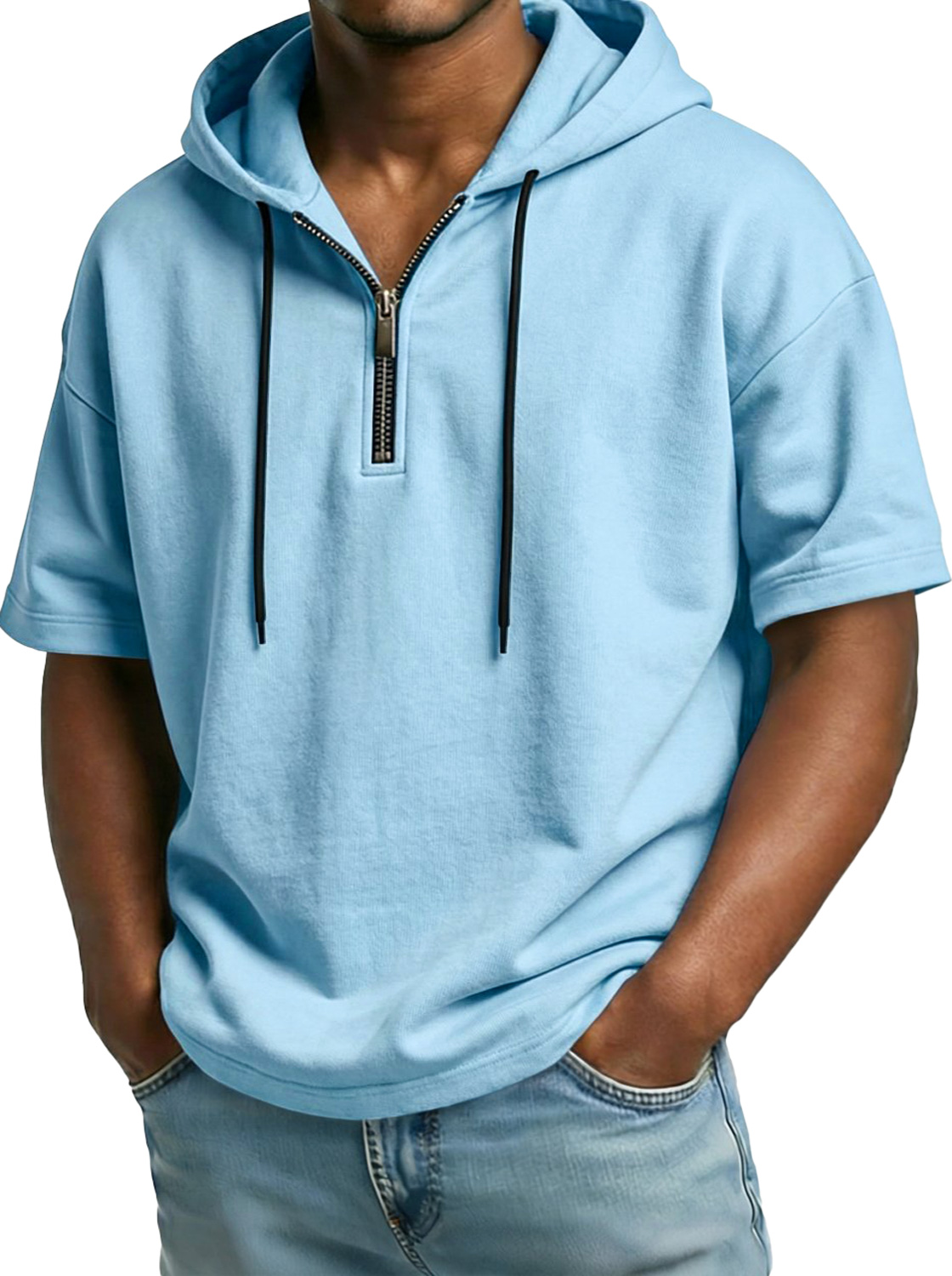 Men's Comfortable Hooded Zip-up Short-sleeved Casual Top