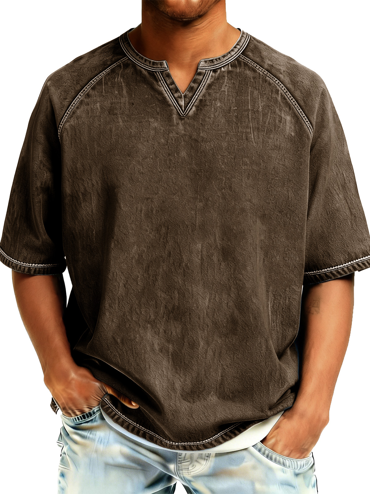 Men's Retro Distressed Raglan V-Neck Short-Sleeve T-Shirt