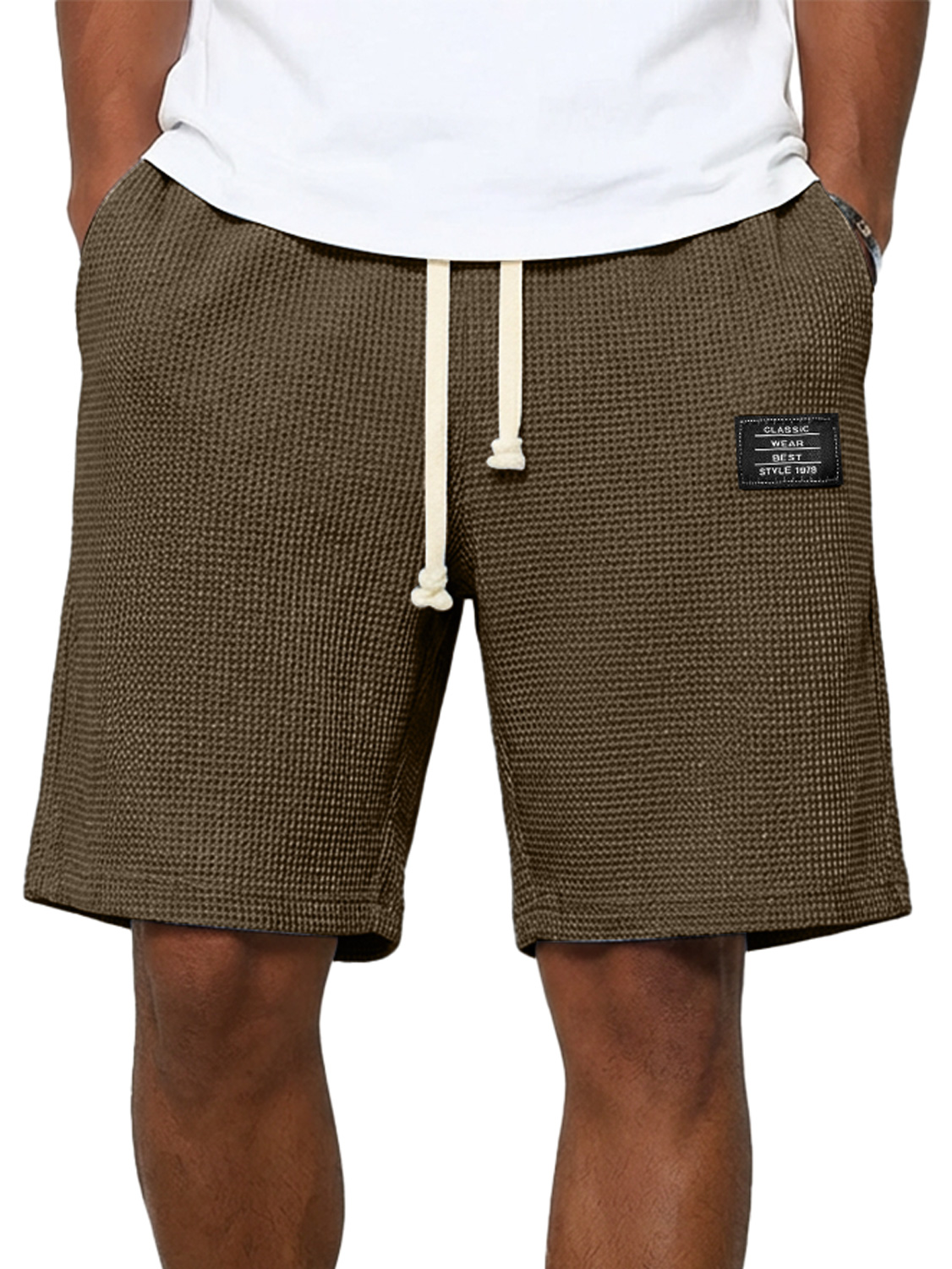 Men's Simple Waffle Embroidered Logo Casual Solid Color Shorts