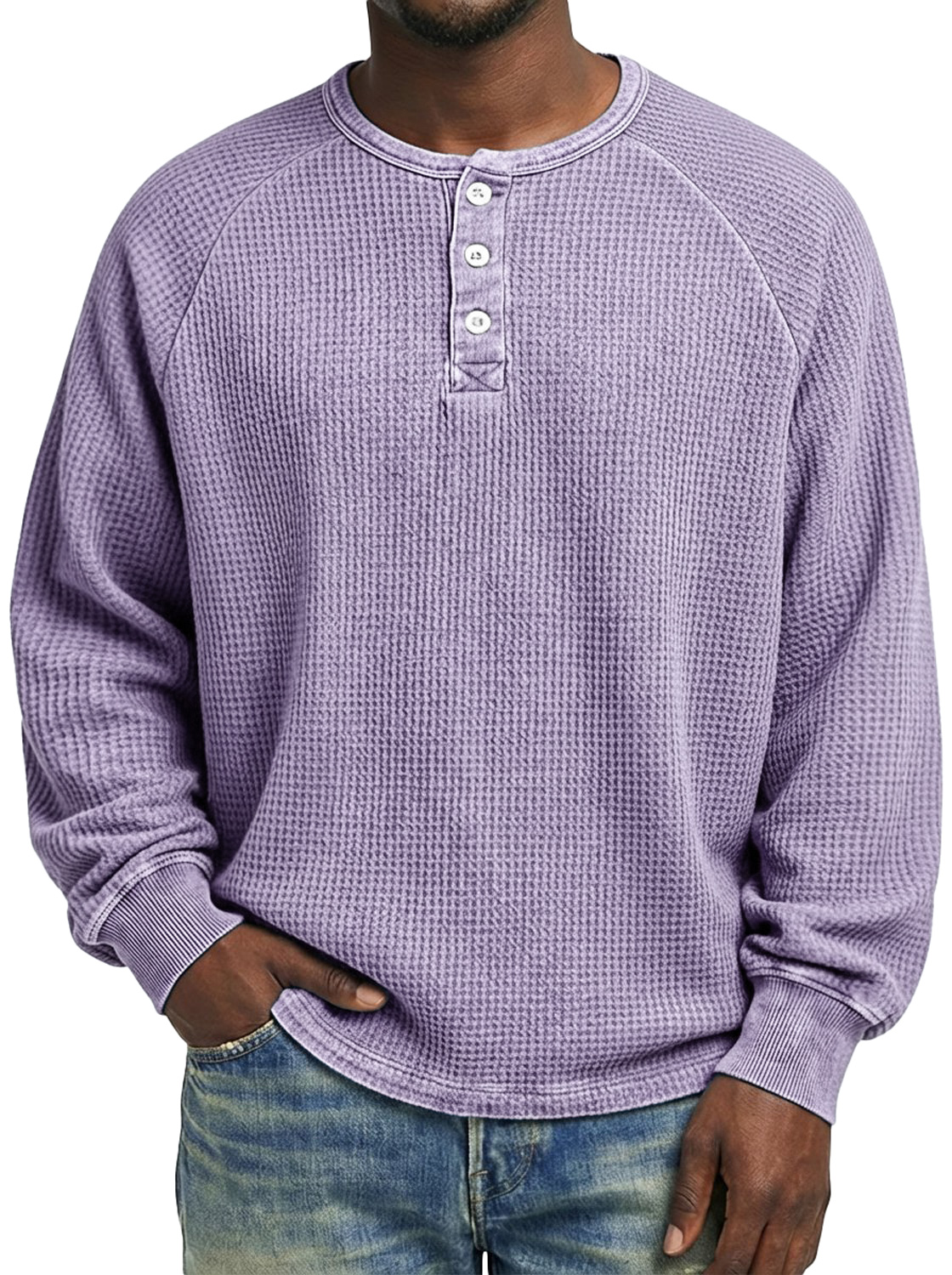 Men's Casual Raglan Sleeve Waffle Knit Comfortable Long-sleeved Henley Shirt