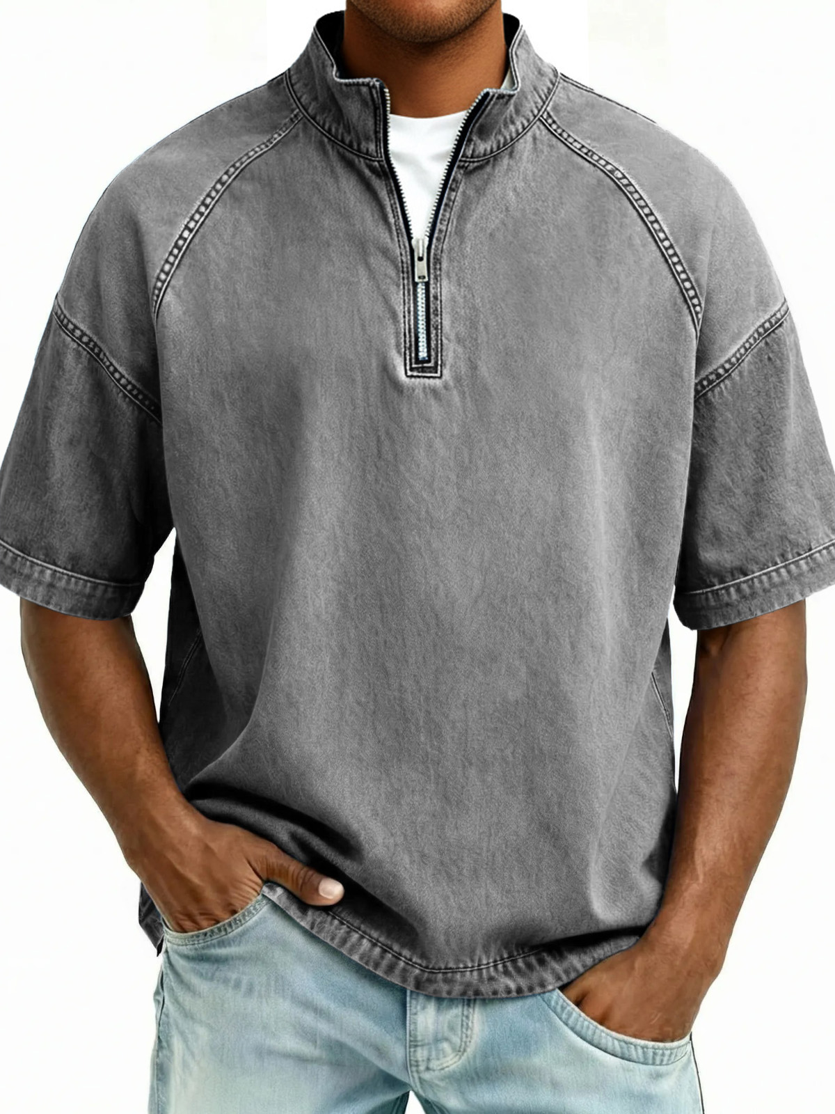 Men's Distressed Stand Collar Zipper Short-Sleeve Top