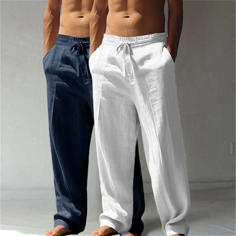 【2-Pack!!!🔥】Summer Essential: Men's Linen Beach Pants | Relaxed Baggy Fit | Elastic Drawstring | Breathable Straight Leg | Perfect for Holiday, Daily & Vacation