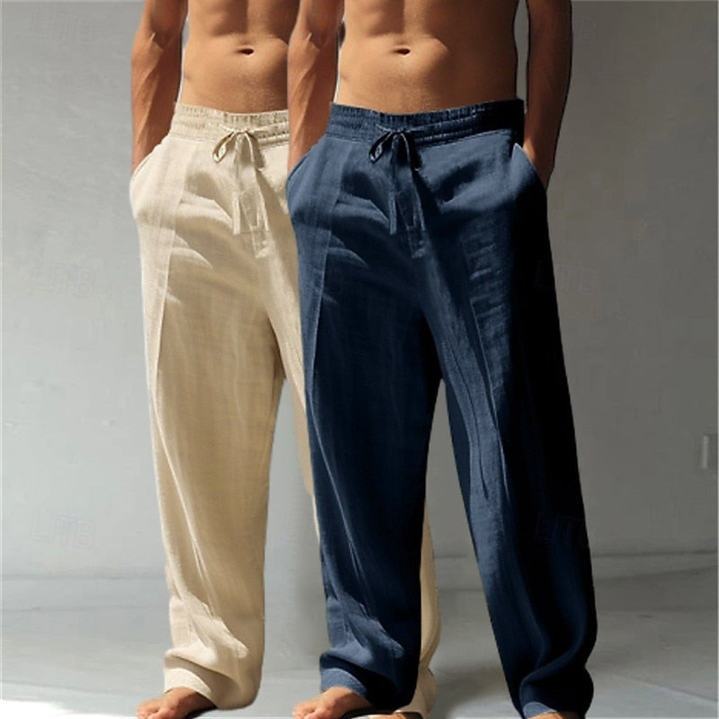 【2-Pack!!!🔥】Summer Essential: Men's Linen Beach Pants | Relaxed Baggy Fit | Elastic Drawstring | Breathable Straight Leg | Perfect for Holiday, Daily & Vacation