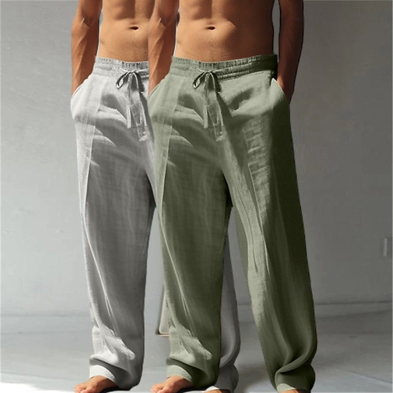 【2-Pack!!!🔥】Summer Essential: Men's Linen Beach Pants | Relaxed Baggy Fit | Elastic Drawstring | Breathable Straight Leg | Perfect for Holiday, Daily & Vacation