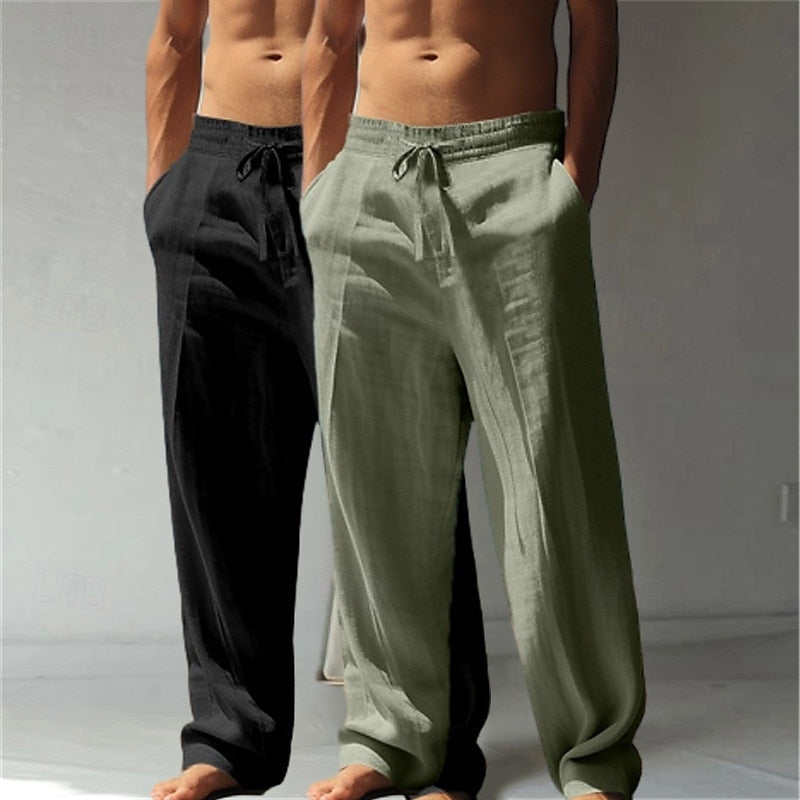 【2-Pack!!!🔥】Summer Essential: Men's Linen Beach Pants | Relaxed Baggy Fit | Elastic Drawstring | Breathable Straight Leg | Perfect for Holiday, Daily & Vacation