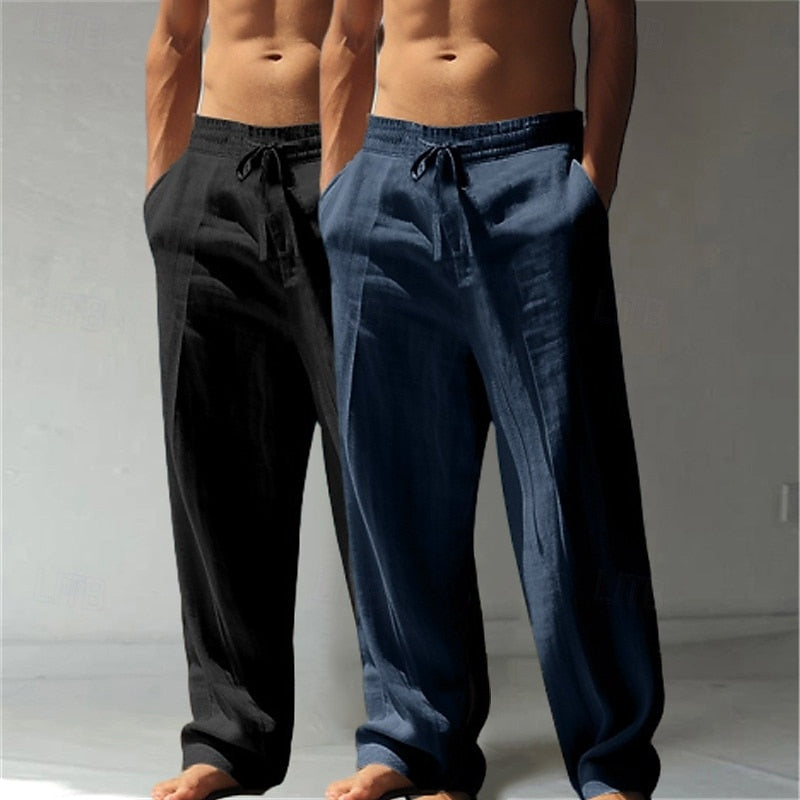 【2-Pack!!!🔥】Summer Essential: Men's Linen Beach Pants | Relaxed Baggy Fit | Elastic Drawstring | Breathable Straight Leg | Perfect for Holiday, Daily & Vacation