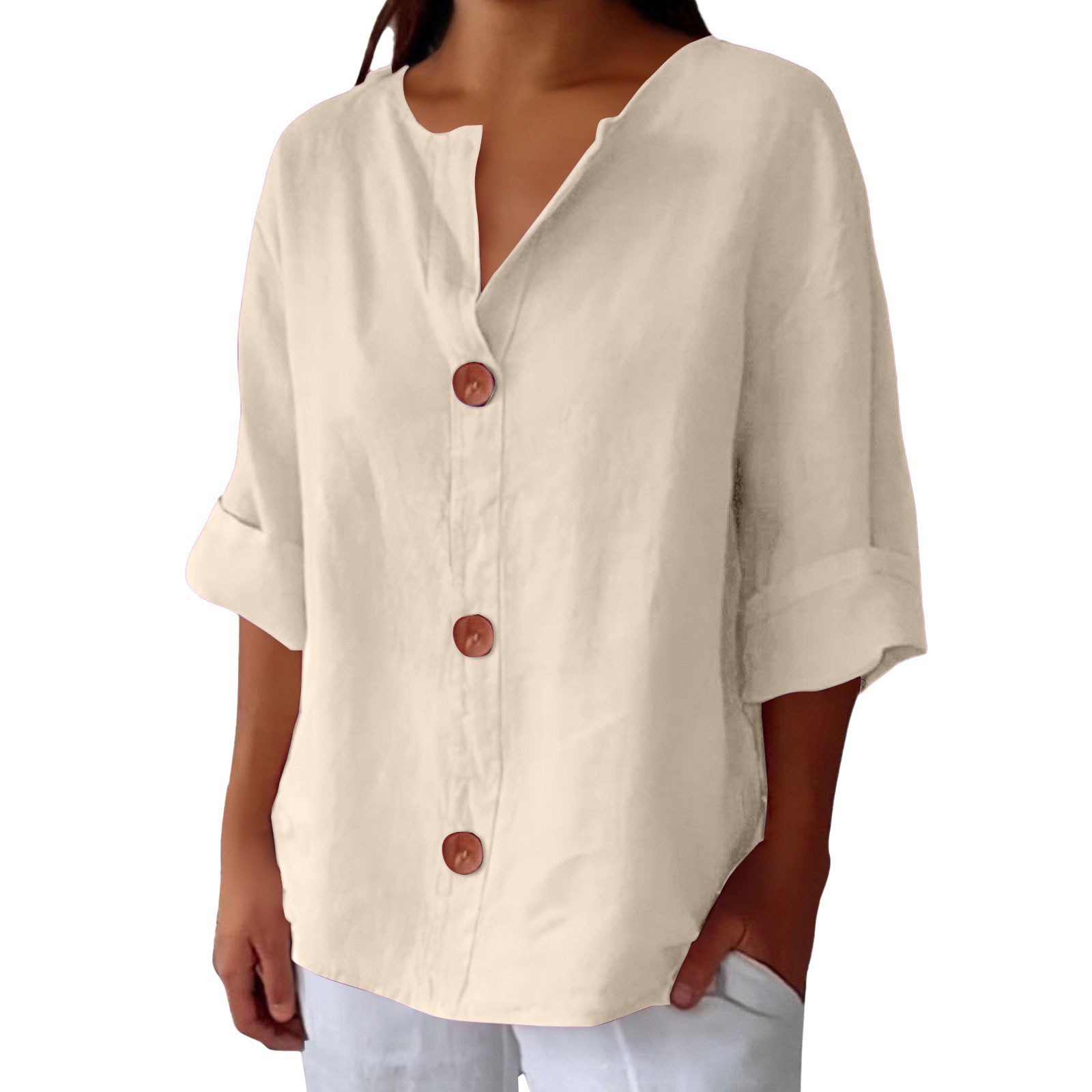Women's V-Neck Cotton-Linen Button-Up Top