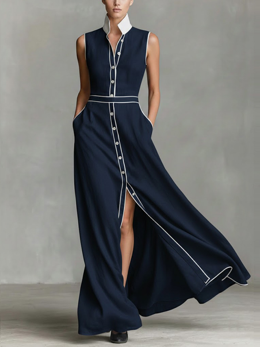 Women's Collared Sleeveless Casual Loose Long Cotton Linen Dress